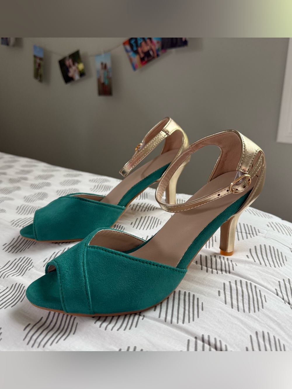 Gold-Ankle Strap Teal Peep-Toe Heels - Women